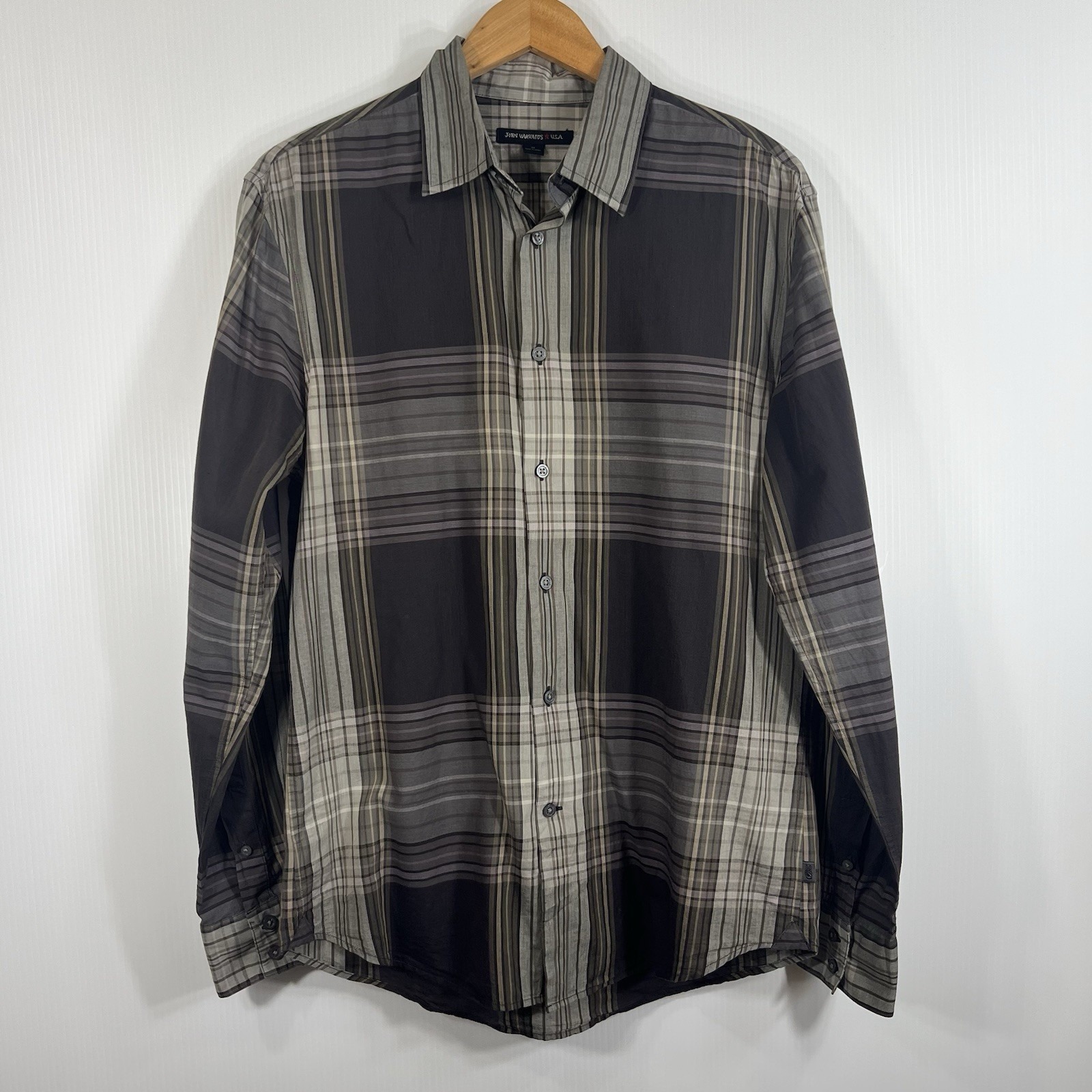 John Varvatos Usa Plaid Shirt Mens Size Medium Brown Button Down 100% Cotton